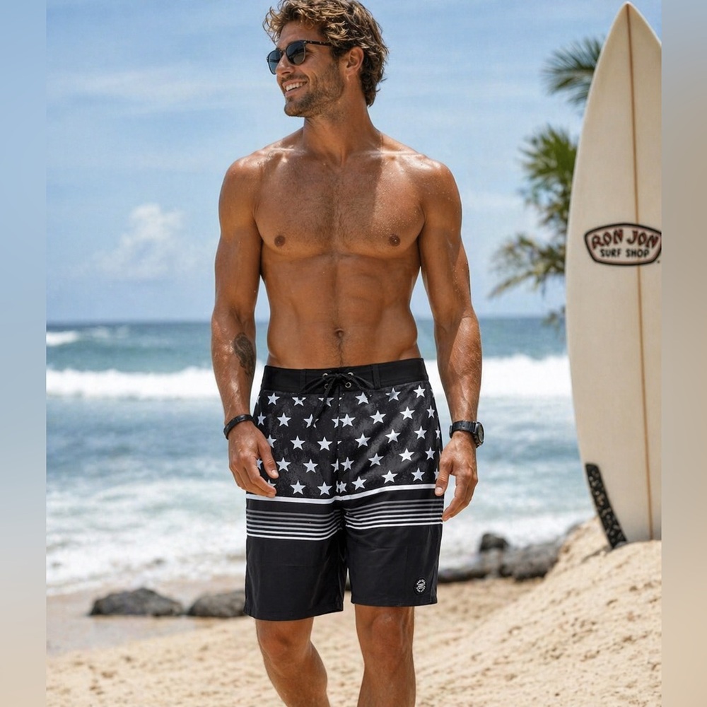 Ron Jon Surf Shop Boardshorts Mens 36 Black Stars USA Swim Trunks